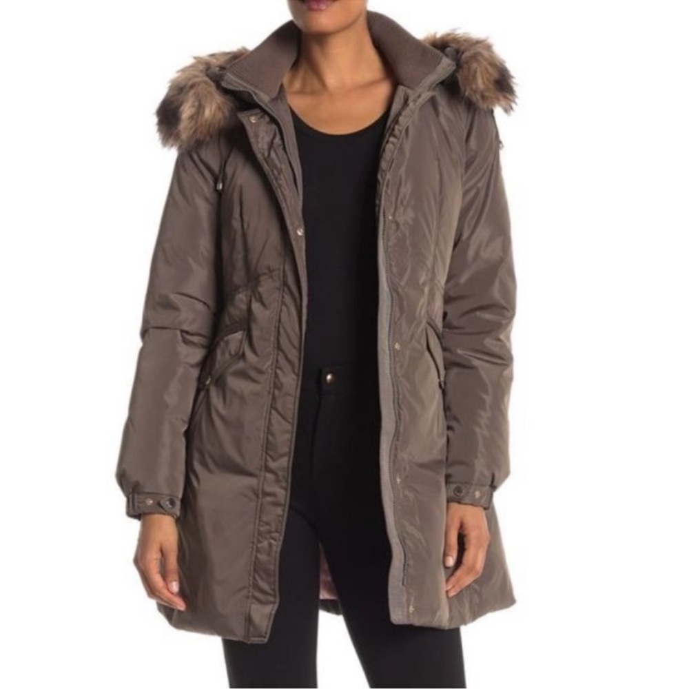 Kate Spade New York Faux Fur Hooded Down Jacket Warm Taupe Size Small